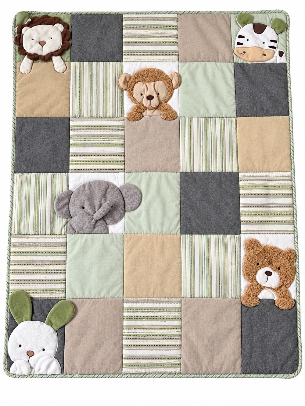 Vintage Baby Crib Quilt Safari Jungle Animals 3D Plush Appliqué Sage Green